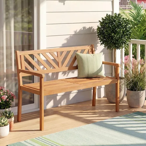 Miniatura 4 de Tangkula Banco de dos plazas de madera de acacia para exteriores, banco de jardín para 2 personas con reposabrazos y respaldo, muebles de madera