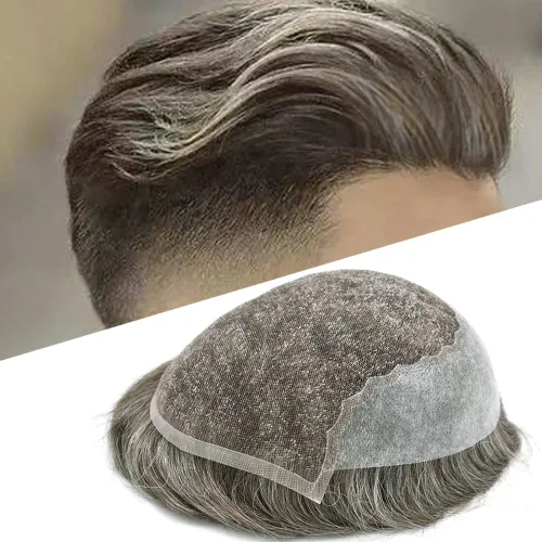 Miniatura 105 de Toupee para hombres pieza de pelo suave suizo encaje real sistema de cabello humano reemplazo blanqueado nudo mens tupé sistema de pelo para hombres