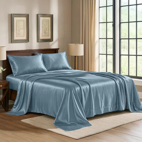 Miniatura 39 de Pure Bedding Sábanas de satén individuales [3 piezas, plateadas] Juego de sábanas sedosas de lujo para hotel, juego de sábanas de microfibra extra