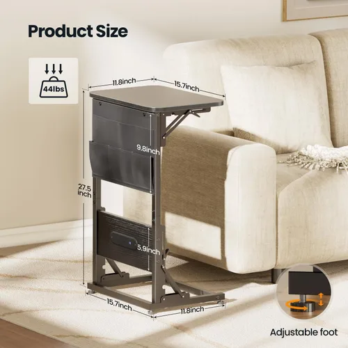 Miniatura 3 de HLDIRECT - Mesa auxiliar en forma de C con estación de carga, mesa lateral para sofá con bolsa de almacenamiento, bandeja para TV ajustable