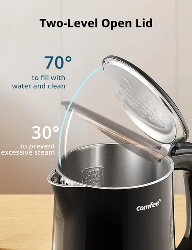 Miniatura 4 de Hervidor eléctrico y tetera de COMFEE', 1.5L de doble pared, interior de acero inoxidable, tapa y pico, hervido rápido, apagado automático y Negro