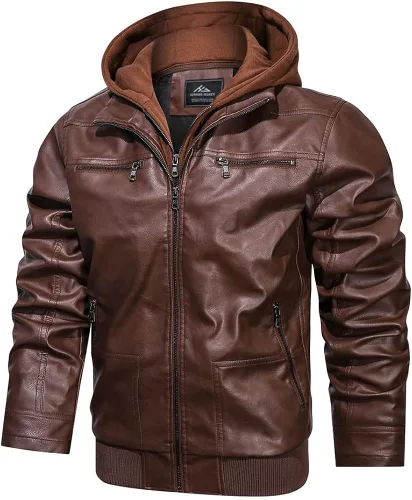 HJWWIN Chaqueta de motociclista de piel sintética para hombre, estilo vintage, con cremallera y capucha extraíble