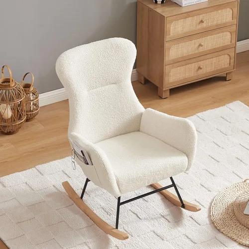 Miniatura 9 de Olela Mecedora de tela de peluche, asiento acolchado con respaldo alto y reposabrazos, silla decorativa de lana de cordero, sofá individual