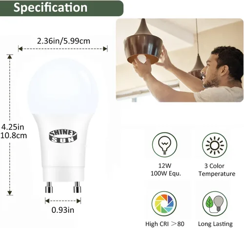 Miniatura 4 de Bombilla LED GU24 blanca cálida de 3000 K, no regulable, 12 W (equivalente a 100 W), 1200 lúmenes, bombilla de dos puntas en forma A19 para sala