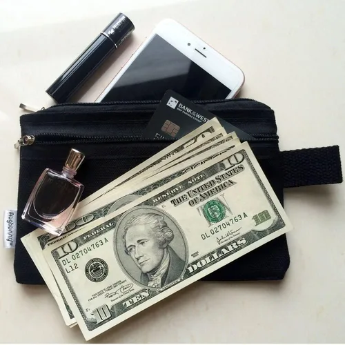 Miniatura 3 de bolsa de lona de 100% algodón, con cierre, bolsillo para maquillaje, celular, pluma/lapicera, 5 unidades, 16 onzas, Negro M