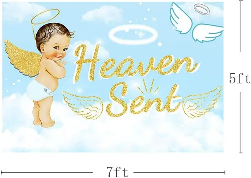 Miniatura 4 de Bonito telón de fondo para fiesta de baby shower, de 7 x 5 pies, cielo azul claro, nube blanca, ángel dorado, decoración de alas doradas, regalo