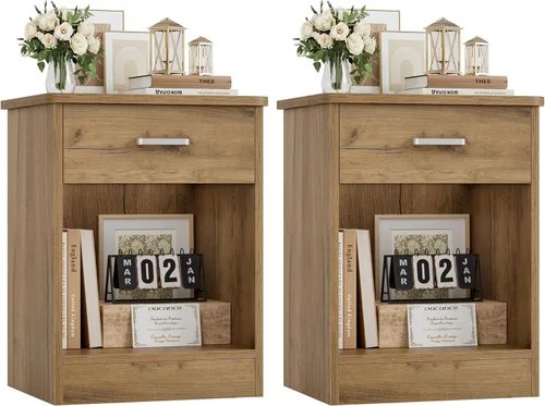 Miniatura 14 de FOTOSOK Juego de 2 mesitas de noche, mesa auxiliar de 2 niveles con cajón y estante de almacenamiento, mesa de noche, mesita de cabecera, mesita