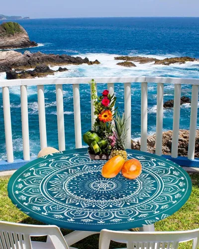 Miniatura 18 de SEVENBABU Mantel redondo de 36 a 44 pulgadas, mantel redondo de vinilo ajustable con borde elástico para fiestas al aire libre, color aguamarina