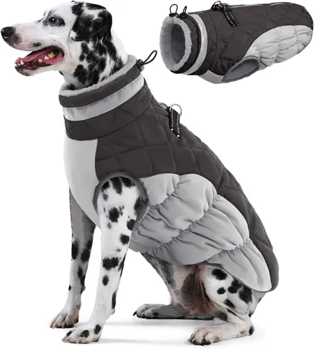 Miniatura 10 de AOFITEE Abrigo para perro, chaquetas cálidas para perros grandes, abrigo reflectante de cuello alto para perros con arnés integrado, impermeable