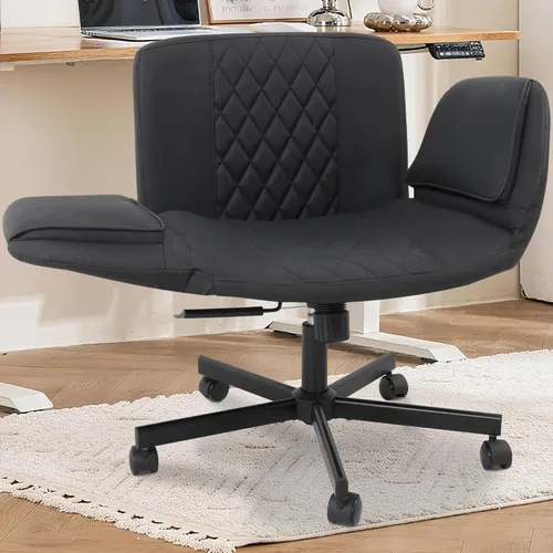 Silla cruzada con ruedas y reposabrazos ajustables, sillas de escritorio de piel sintética para el hogar, oficina, dormitorio (negro)