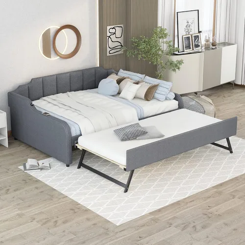 Merax Sofá cama con nido desplegable, tamaño matrimonial, sofá cama con cama nido ajustable de tamaño individual y diseño de carga USB para sala de