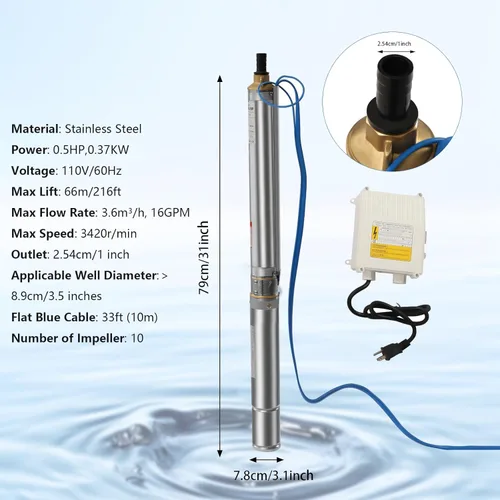 Miniatura 6 de Bomba sumergible de pozo profundo, 0.5HP 110V 16GPM 216 pies cabeza 3 pulgadas OD bomba de agua subterránea de acero inoxidable, bomba sumergible