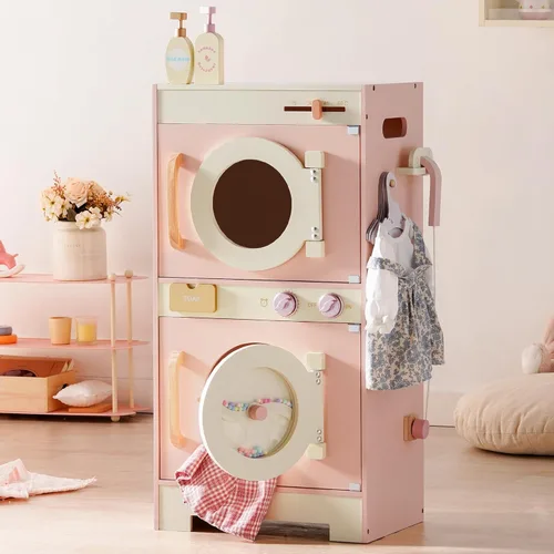ROBOTIME Juego de lavadora y secadora para niños, juego de lavandería de madera con planchado, cuentas de colores, tambor, juego de lavadora y
