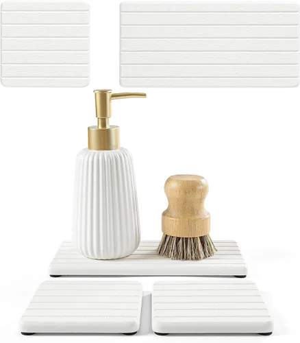 Miniatura 16 de Paquete de 2 bandejas de fregadero de piedra de diatomita, tapete de grifo absorbente de agua para encimera de cocina y baño, jabonera decorativa