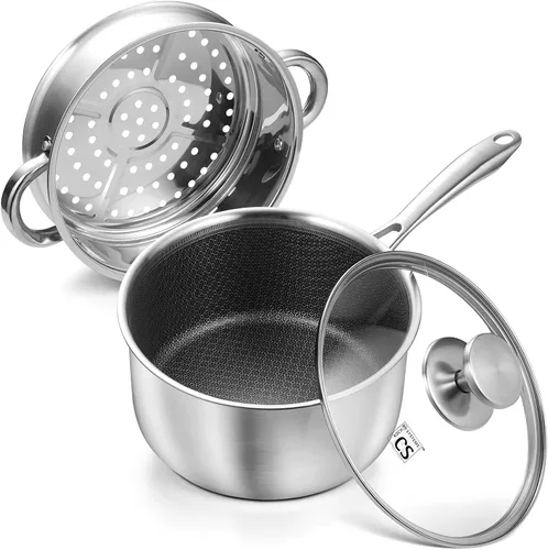 Miniatura 11 de KOCH SYSTEME CS Juego de cacerolas híbridas antiadherentes de acero inoxidable, 1QT y 2QT Juego de cacerolas de acero inoxidable triple capa