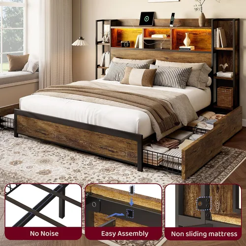 Miniatura 6 de BRELTAM Base de cama tamaño King con 4 cajones de almacenamiento y cabecero con almacenamiento de estantes, marco de cama de plataforma de madera