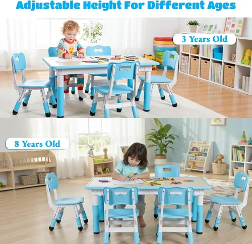 Miniatura 7 de Arlopu Juego de mesa y 6 sillas para niños, escritorio de graffiti ajustable en altura, mesa de manualidades para actividades preescolares, para Azul