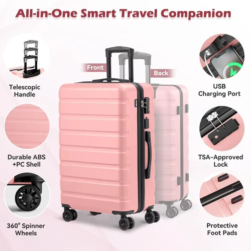 Miniatura 3 de AnyZip - Equipaje de mano de 21" con carcasa dura PC ABS, maleta ligera con USB, ruedas y candado TSA, Rosa