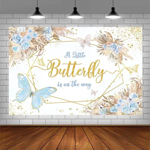 Miniatura 3 de AIBIIN Telón de fondo bohemio de mariposa para baby shower, de 7 x 5 pies, con texto en inglés "A Little Butterfly is on the Way", fondo de Azul