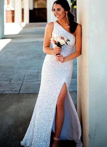 Miniatura 4 de One Shoulder Sequins Prom Dresses Mermaid Long Formal Evening Dresses Ball Gowns for Women with Slit