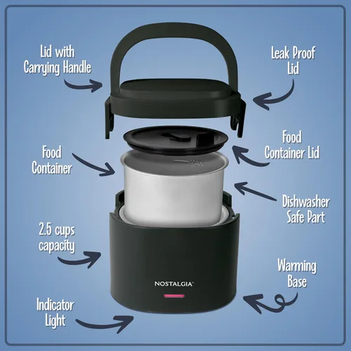 Miniatura 3 de Nostalgia Fiambrera portátil calentada – Calentador de alimentos de acero inoxidable de 2.5 tazas – Cable desmontable, tapa a prueba de fugas, asa