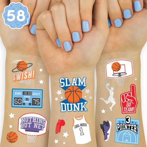 xo, Fetti Tatuaje temporal de baloncesto – 58 estilos de aluminio | Decoraciones de fiesta de cumpleaños de baloncesto, recuerdos de fiesta,
