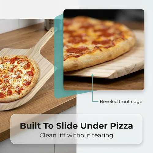 Miniatura 8 de KitchenDine Pela de madera para pizza, hoja de 16 x 14 pulgadas con mango de 8 pulgadas, madera de pino, longitud total de 24 pulgadas con borde