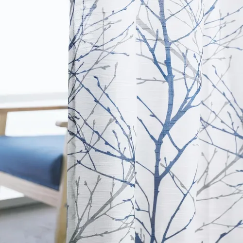 Miniatura 8 de FMFUNCTEX Cortinas de Lino Semitransparentes para Dormitorio, Cortinas Azules y Blancas de 63 Pulgadas de Largo para Sala de Estar, Cortinas de Rama