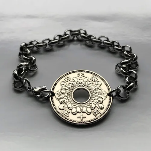 Miniatura 6 de 1963 Japan Nippon 50 Yen coin bracelet Chrysanthemum flower Tokyo Kobe Osaka Yokohama Fukuoka Sendai Nagoya Sapporo Okinawa Hiroshima Chiba Saitama