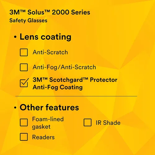 Miniatura 10 de 3M Gafas de seguridad, serie Solus 2000, revestimiento antivaho Scotchgard, antiarañazos, lente ámbar, patillas gris/azul-verde