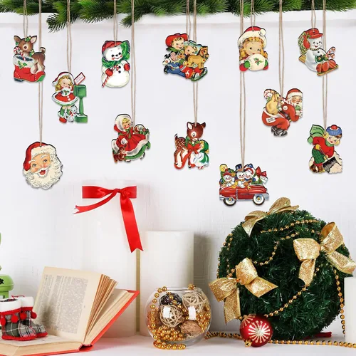 Miniatura 6 de 36 adornos de Navidad vintage para decoración de árboles, adornos retro de madera con niña, muñeco de nieve, decoración navideña de reno para árbol