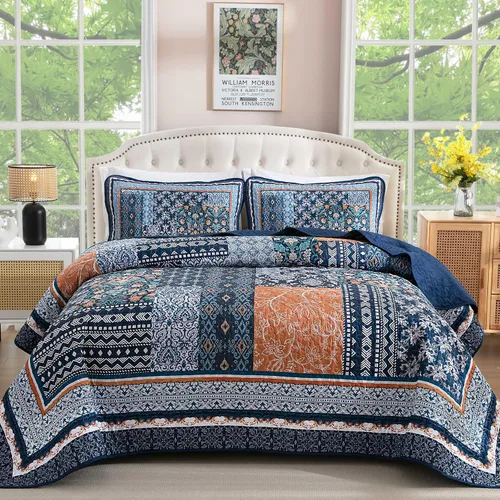 Miniatura 17 de WONGS BEDDING Juego de edredón bohemio tamaño matrimonial, juego de colcha de retazos beige de 3 piezas, juego de ropa de cama de microfibra suave