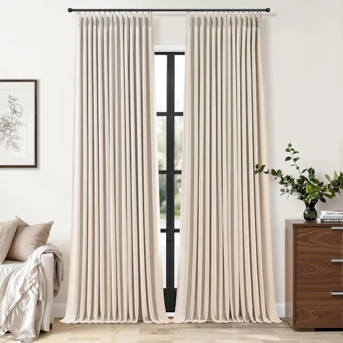 Miniatura 29 de Cortinas opacas plisadas de lino beige y blanco de 90 pulgadas de largo para dormitorio o sala de estar, juego de 2 paneles, oscurecimiento
