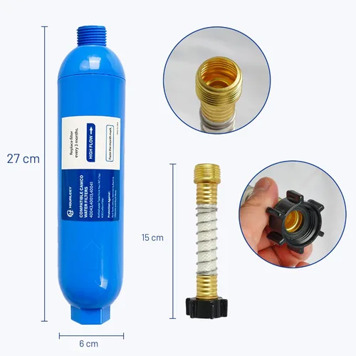 Miniatura 2 de Hourleey - Paquete de 2 filtros de agua para vehículos recreativos de conexión directa con 2 protectores de manguera flexible, reduce mal sabor
