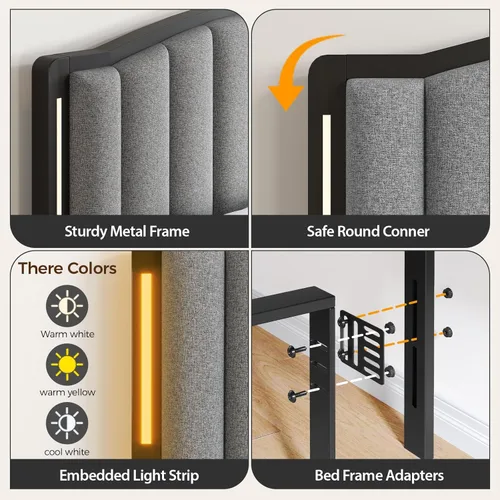 Miniatura 6 de Cabecera para cama tamaño Queen con luces LED, cabecero tapizado de canal vertical acolchonado, cabecera de cama de tela de lino, marco de fijación