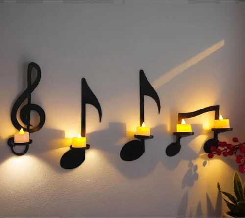 Juego de candelabros de notas musicales 4P negros montados en la pared con bandejas plegables para velas de té, arte decorativo de pared para sala