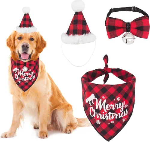 Miniatura 17 de ADOGGYGO Juego de bandana de Navidad para perro, sombrero y pajarita, clásica a cuadros rojos, bufanda de Navidad para mascotas, disfraz de Navidad