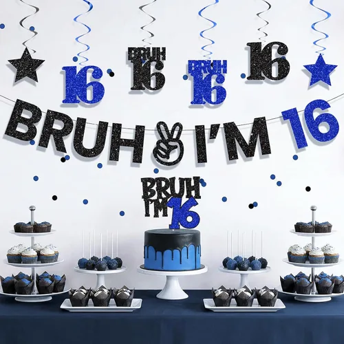 Miniatura 4 de Bruh I'm 16 - Decoraciones de cumpleaños para niños, kit de decoración de fiesta de dulces 16 con pancarta pre-encordada, remolinos colgantes y 16