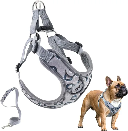 Miniatura 19 de Arnés para perro con juego de correa, arneses para cachorros con acolchado transpirable para entrenamiento y carrera de perros pequeños (XS, gris)