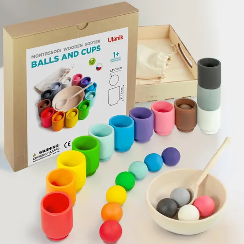 Miniatura 2 de Ulanik Pelotas en tazas Montessori Juguetes para niños de 1 año + niños preescolares juegos de madera a juego para aprender clasificación
