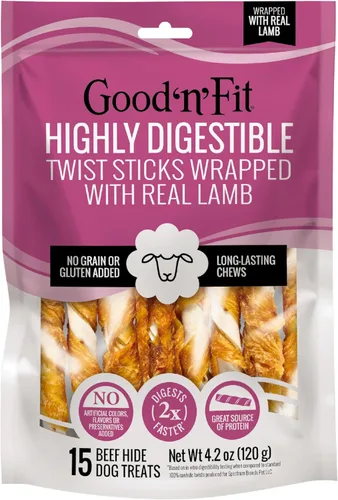 Good 'n' Fit Twist Sticks hechos con cordero real, 15 unidades, trata a tu perro con masticables de cuero crudo de larga duración y altamente