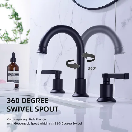 Miniatura 3 de TRUSTMI Grifo de baño negro mate latón 2 manijas 8 pulgadas grifo de tocador de lavabo con desagüe de fregadero de desbordamiento de metal Mate negro