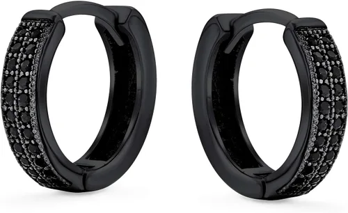 Miniatura 2 de Aretes de aro unisex con circonita cúbica negra pavimentada micro pavé, delgados, anchos para mujeres, adolescentes y hombres, circonita cúbica IP