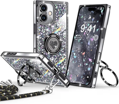 Miniatura 10 de XYZ Funda para iPhone 13, con purpurina brillante con soporte de corazón de 2 anillos y cordón, funda protectora a prueba de golpes con diamantes