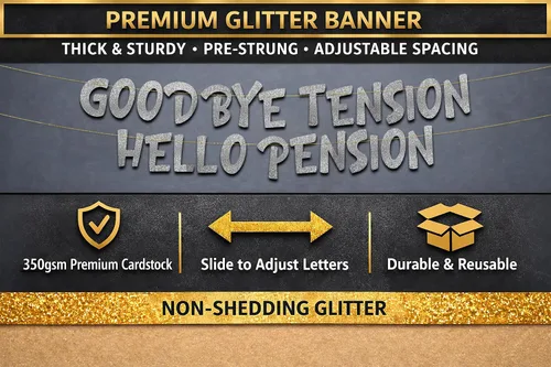 Miniatura 3 de Cartel plateado con purpurina preencordada de Goodbye Tension Hello Pension – Divertidas decoraciones de jubilación para hombres y mujeres