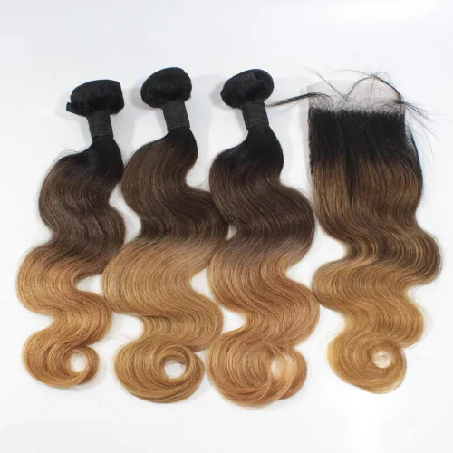 Miniatura 12 de 1B/27 rubio ombre brasileño virgen paquetes con cierres 4pcs lote cuerpo onda 12 con 10 pulgadas ombre encaje cierre con teje pelo