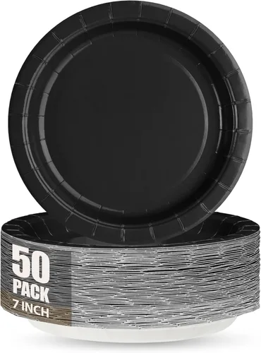 Miniatura 19 de Black Paper Party Plates Supplies 400GSM -100pcs - 50 x 10 Dinner Plates and 50 x 8 Dessert Plate,Suitable for Birthday,Family Negro