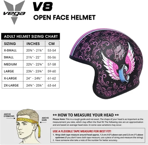 Miniatura 11 de Casco Vega V8 Retro Open Face Casco DOT y ECE de seguridad con espejo cromado (bloquea las ondas dañinas de rayos UV, UVA y UVC) / forros de gamuza