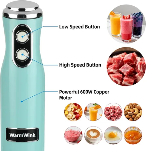 Miniatura 3 de Batidora de mano, potente 4 en 1 600 W con cable de inmersión de mano con accesorio de acero inoxidable, procesador de alimentos pequeño y palo