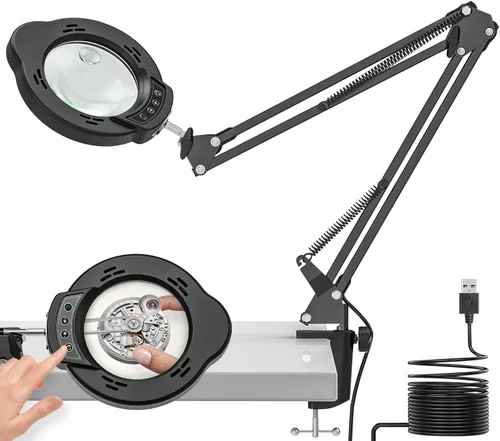 Lupa con luz y abrazadera, lámpara de aumento de escritorio de 15X 10X, lupa de lente de cristal real de 84 LED, 5 modos de color regulable sin